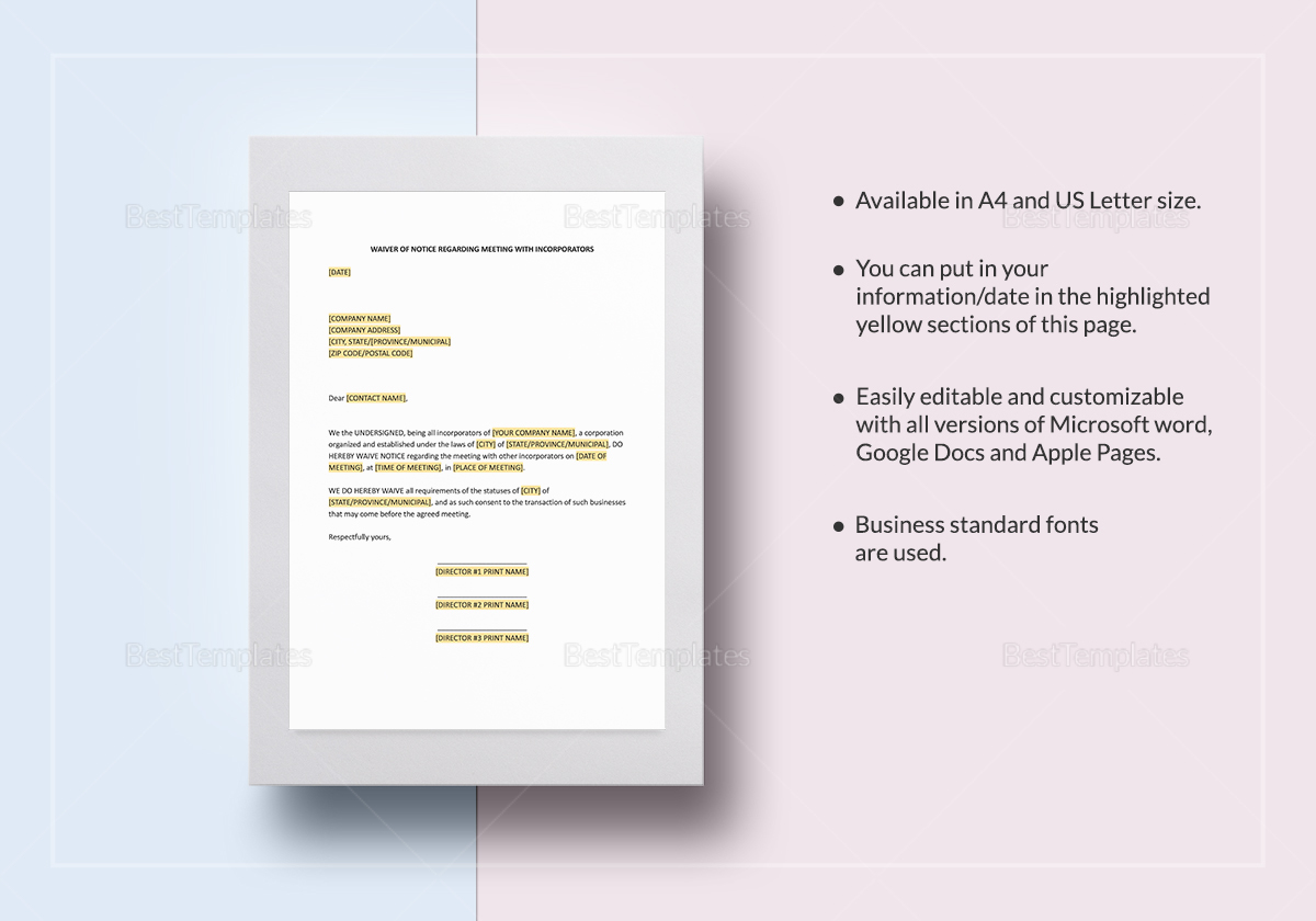 Waiver of Notice Meeting of Incorporators Template