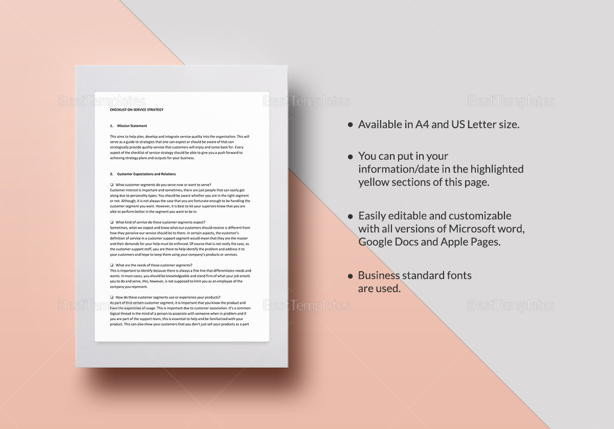Checklist Service Strategy Template in Word, Google Docs, Apple Page