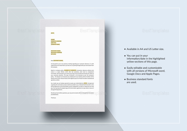 Termination Letter Excessive Absenteeism Template in Word, Google