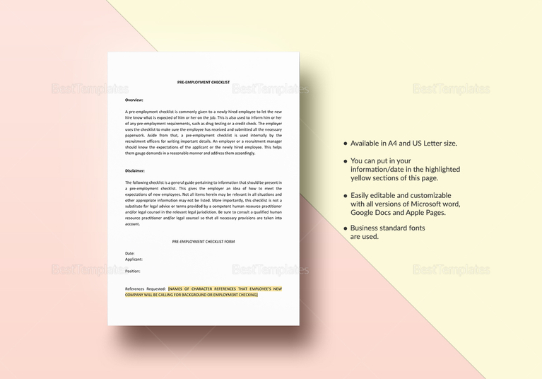 Checklist Pre-Employment Template in Word, Google Docs, Apple Page