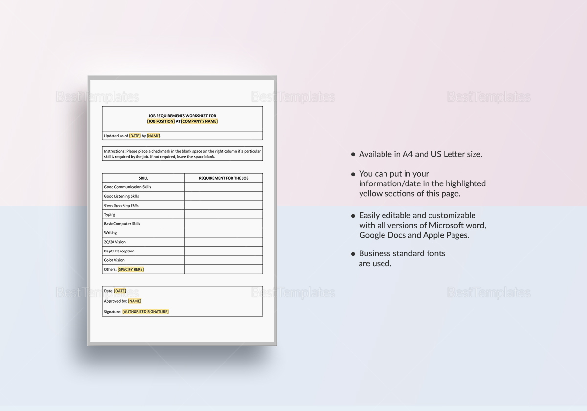 Worksheet Job Requirements Template in Word, Google Docs, Apple Pages