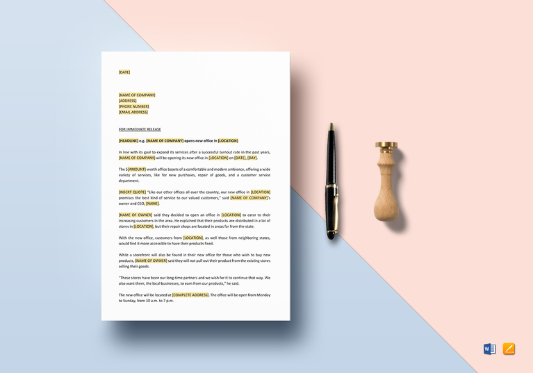Press Release for New Office Opening Template in Word, Google Docs