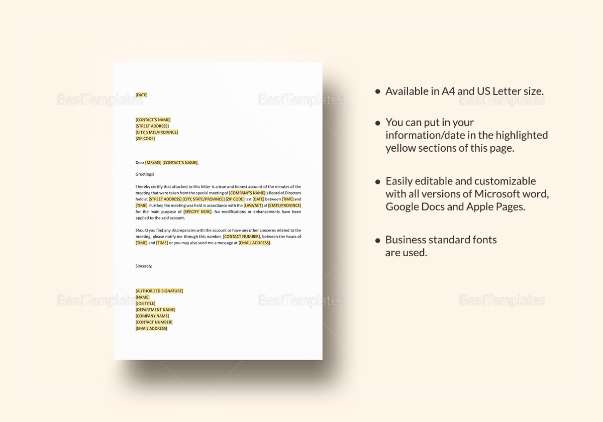 Certificate of Minutes of Meeting of Directors Template