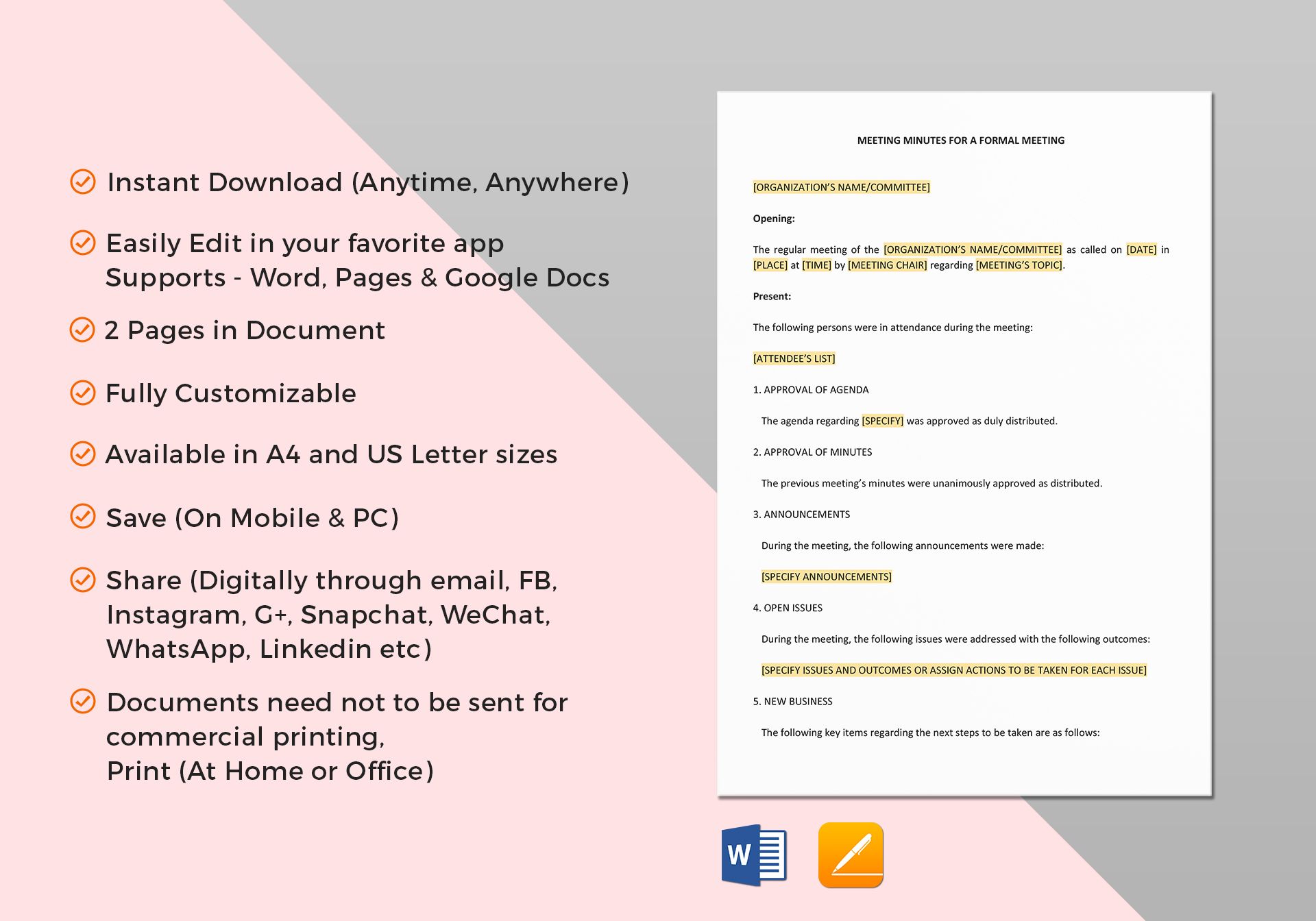 Minutes for a Formal Meeting Template in Word, Google Docs, Apple With Regard To Corporate Minutes Template Word