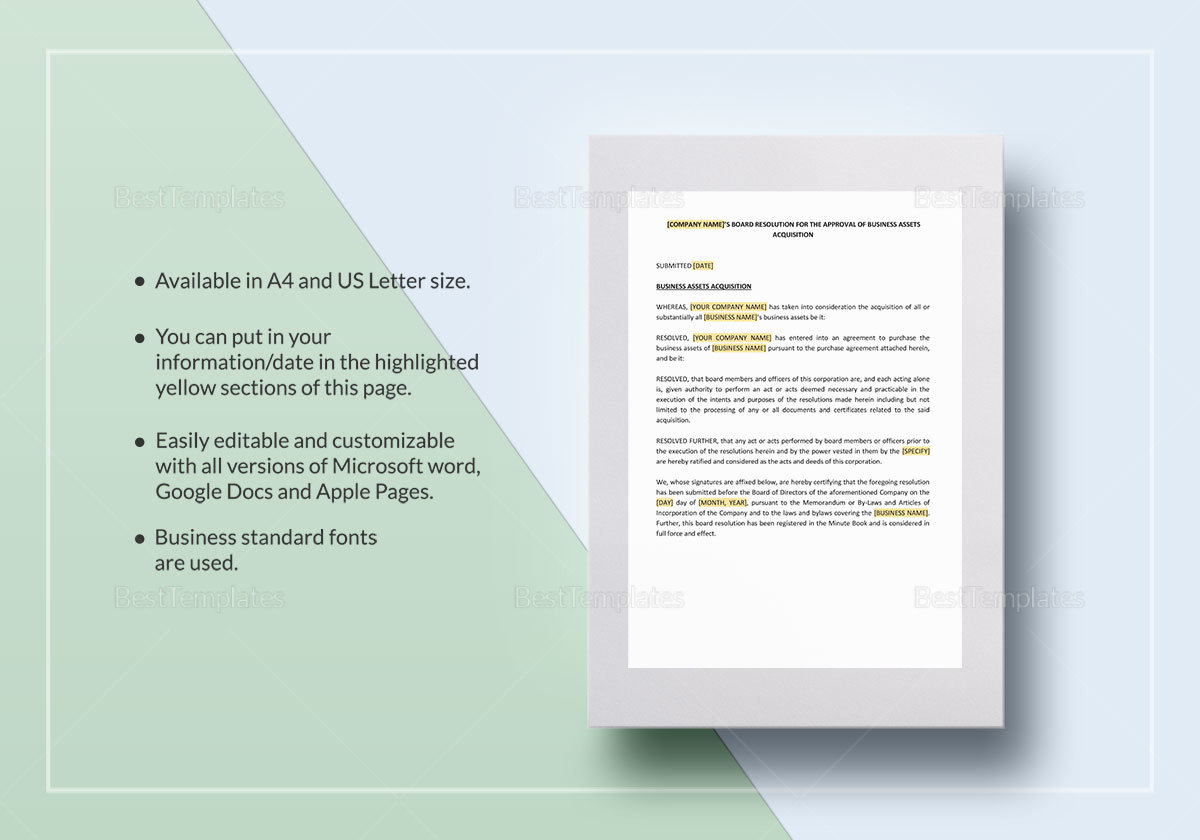 Board Resolution Approving Acquisition of Business Assets Template