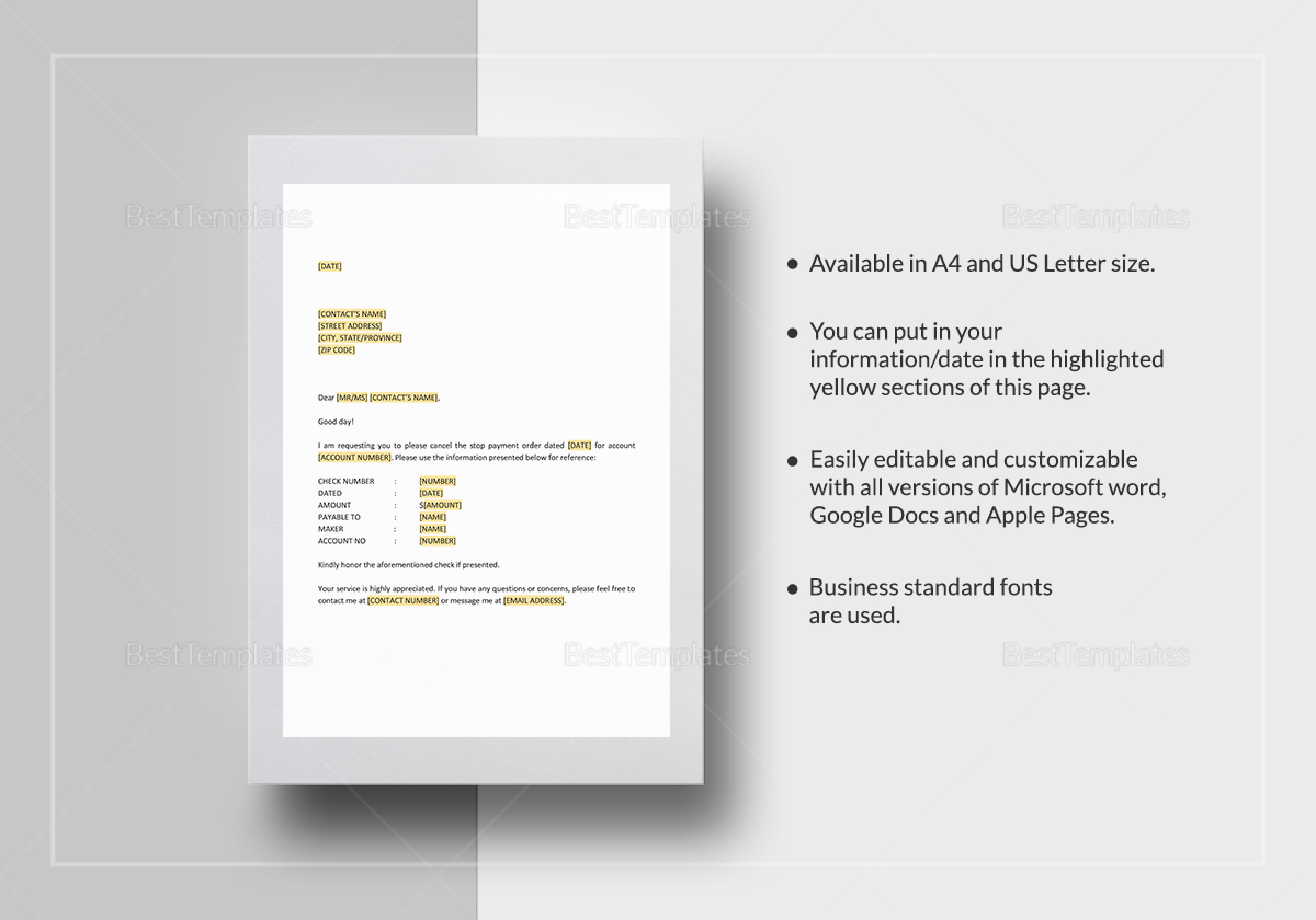 Cancellation of Stop Payment Order Template