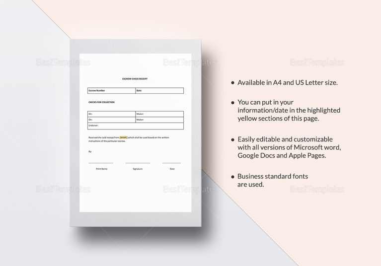 Escrow Check Receipt Template in Word, Google Docs, Apple Pages