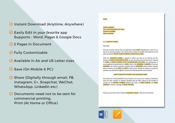 Employment Offer Letter Template in Word, Google Docs, Apple Pages