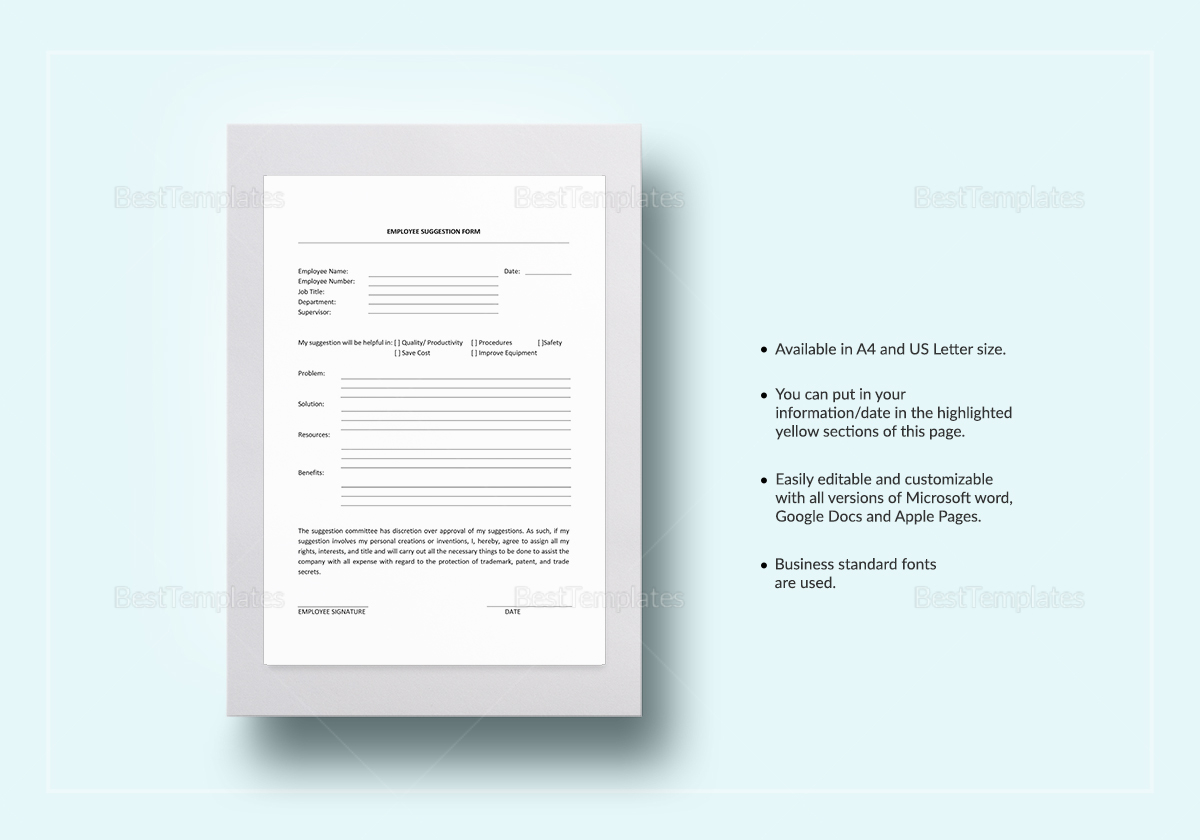 Employee Suggestion Template With Word Employee Suggestion Form Template