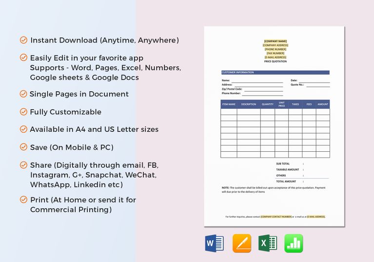 Price Quotation Template in Word, Excel, Google Docs, Apple Pages and