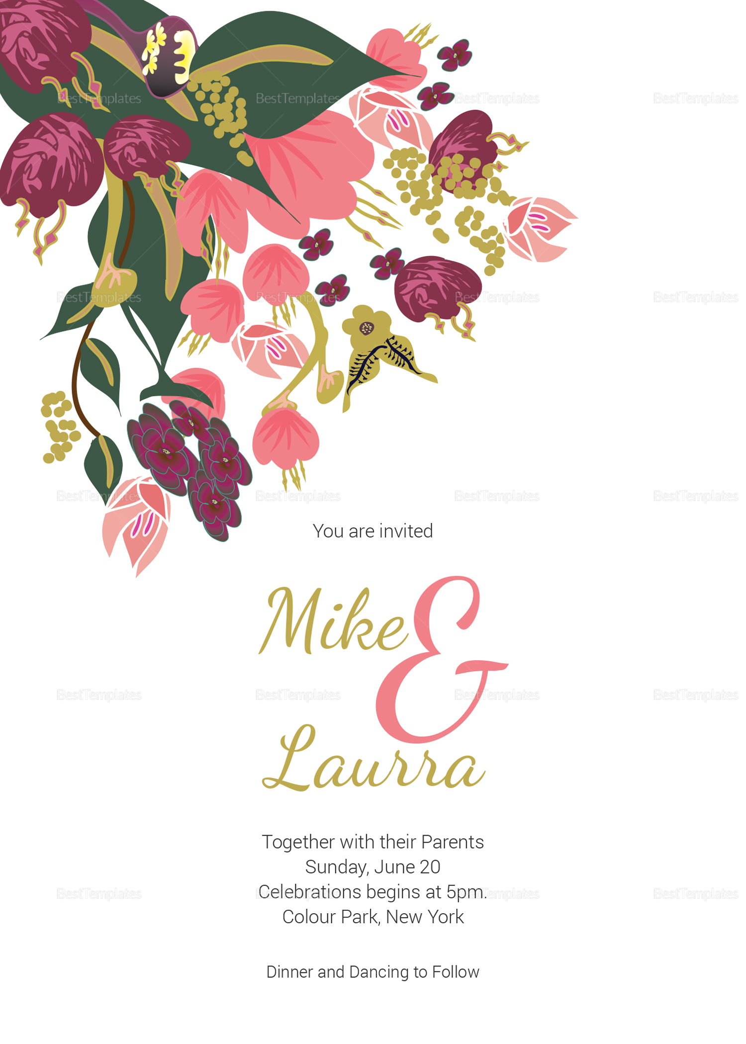 Burgundy Floral Wedding Invitation Card 