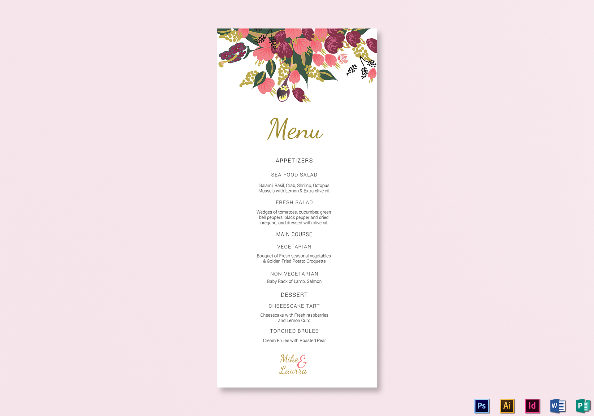 Burgundy Floral Wedding Menu Card Design Templates in Word