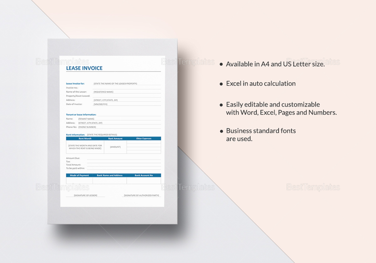 Lease Invoice Template in Word, Excel, Apple Pages, Numbers