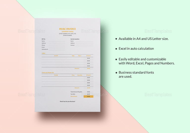 hvac invoice template in word excel apple pages numbers