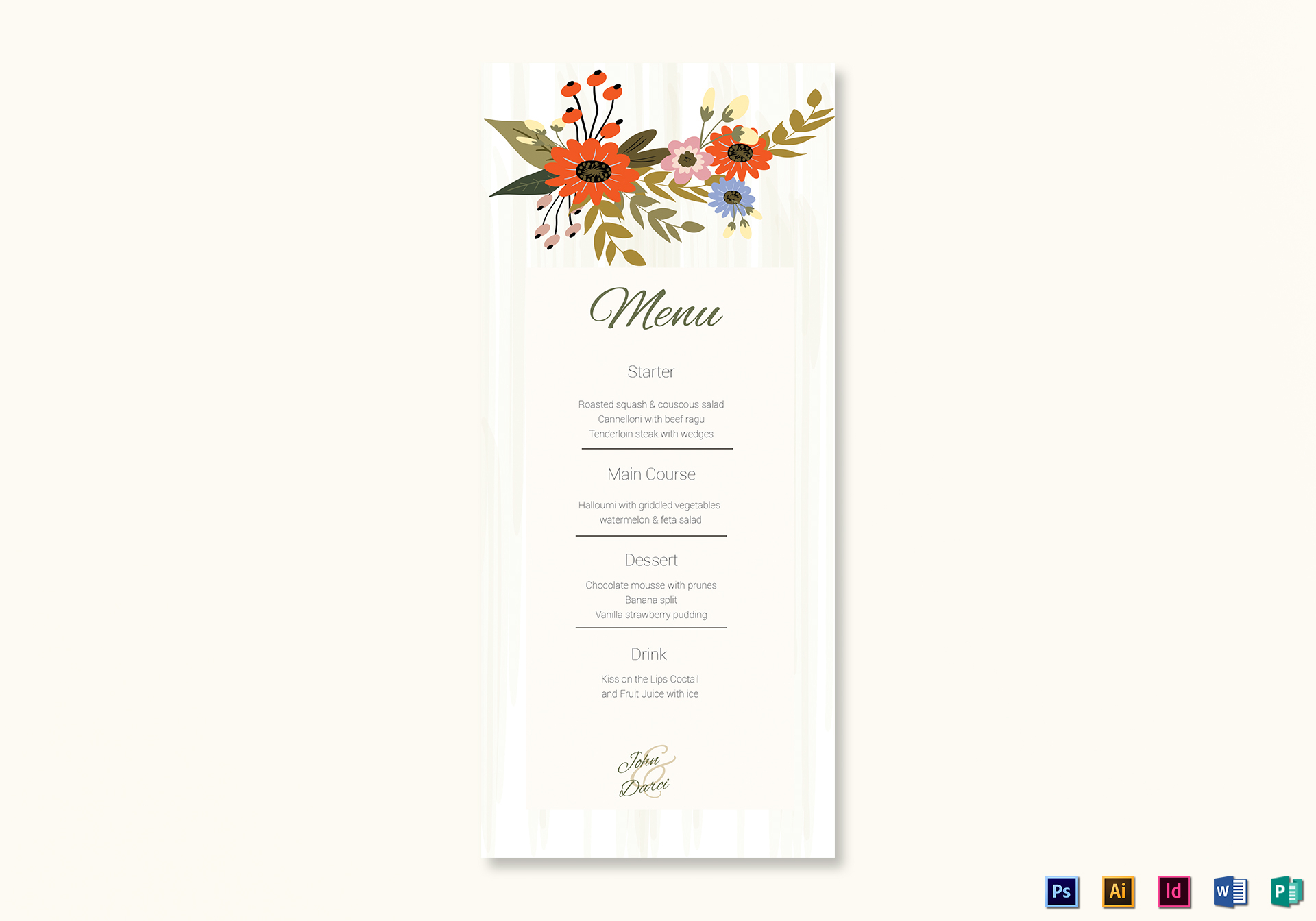 Summer Floral Wedding Menu Card Template