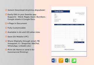 Sample Food Order Template in Word, Excel, Apple Pages, Numbers