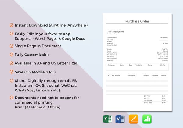 Simple Purchase Order Template in Word, Excel, Apple Pages, Numbers