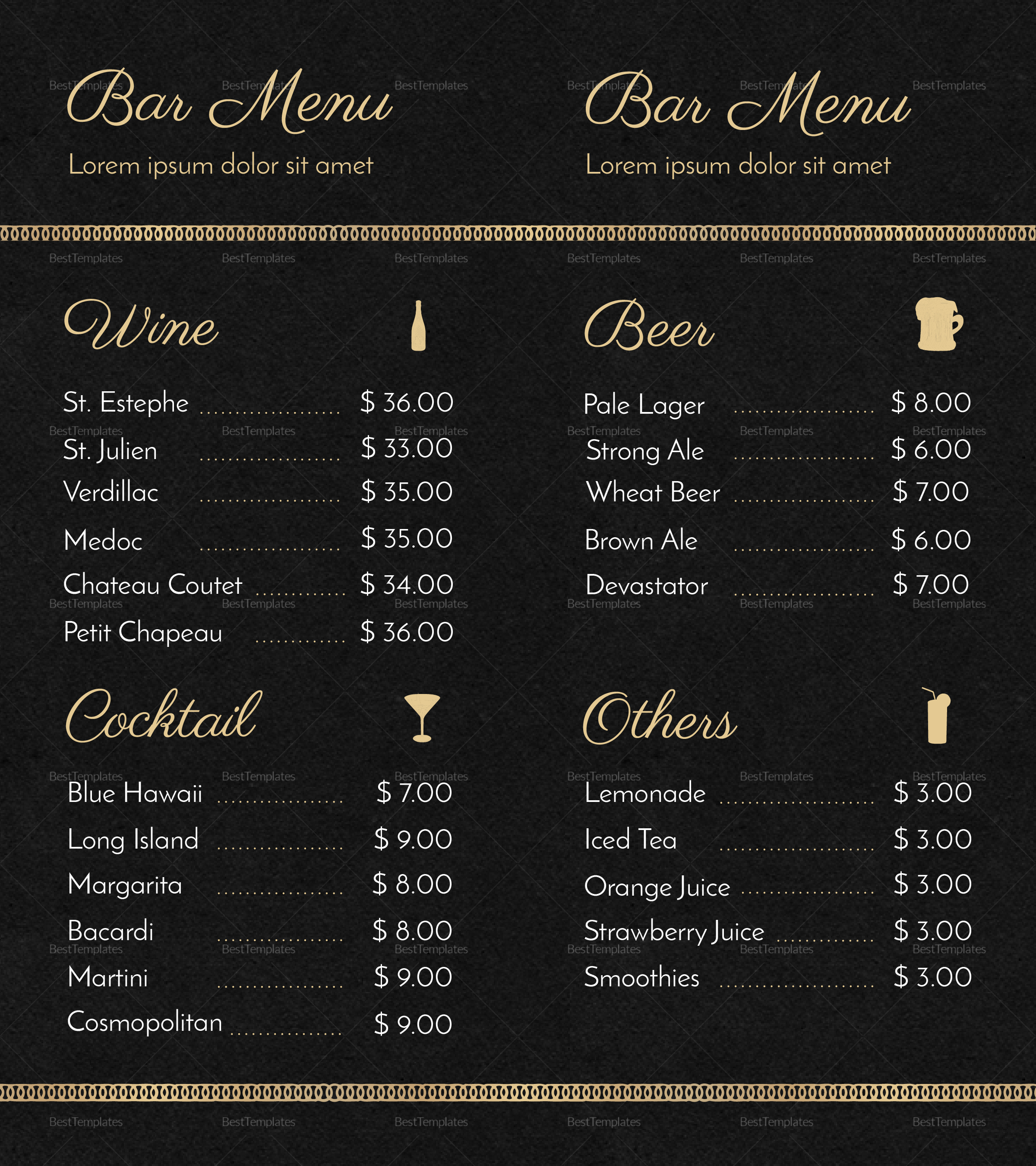 bar menu templates