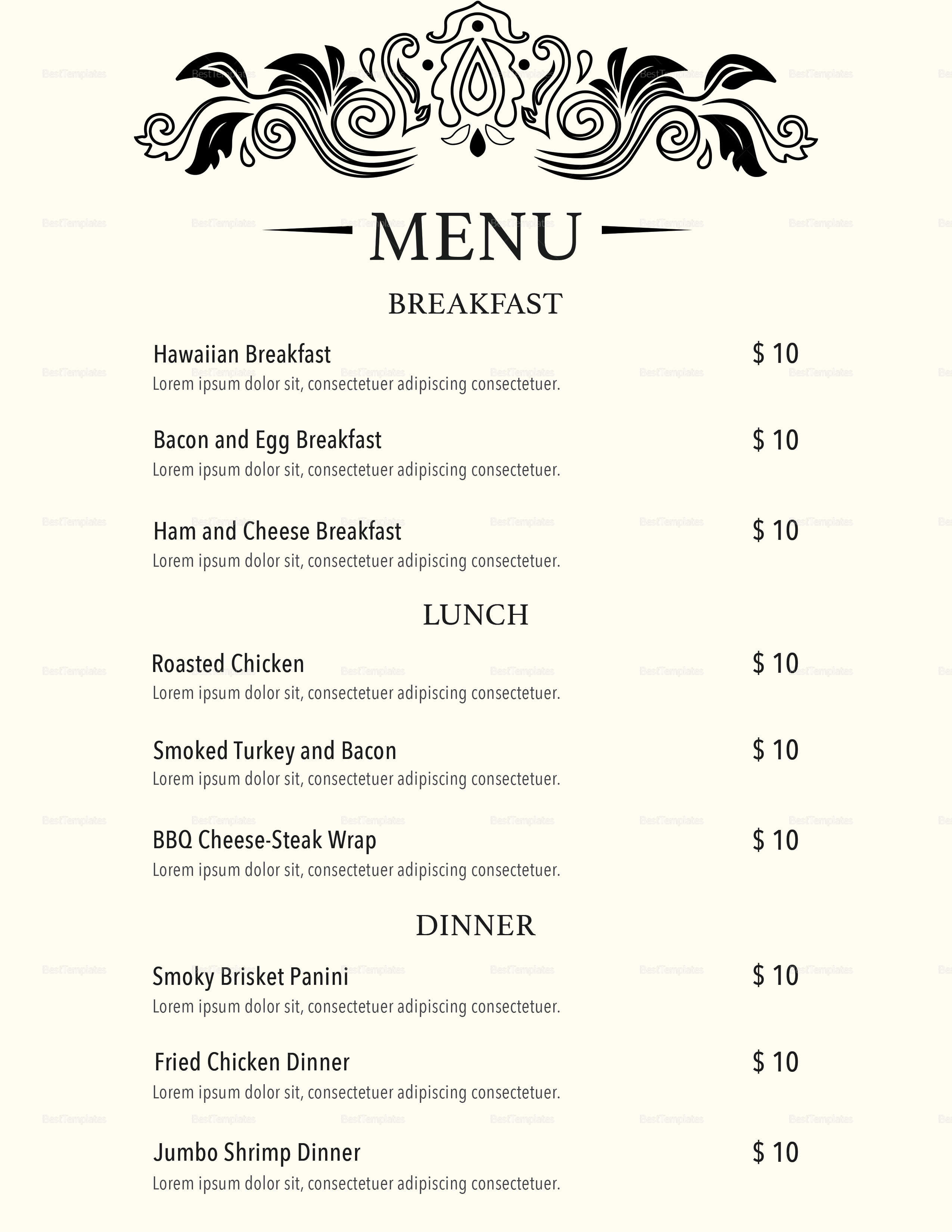 Art Deco Menu Design Template in PSD, Word, Publisher, Illustrator