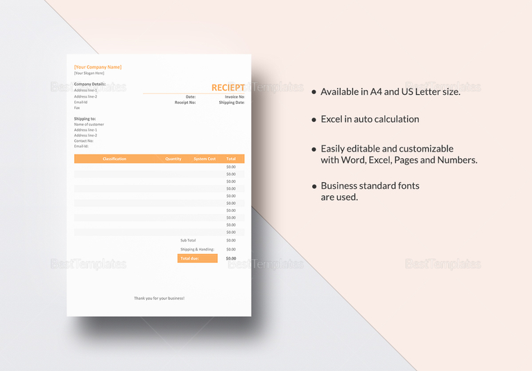 Contractor Receipt Template in Word, Excel, Apple Pages, Numbers