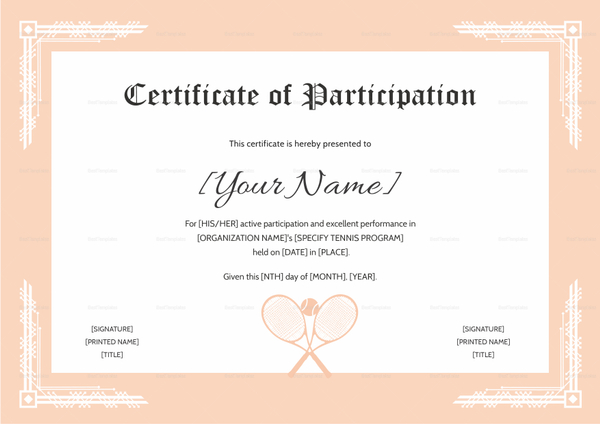 Tennis Participation Certificate Design Template in PSD, Word