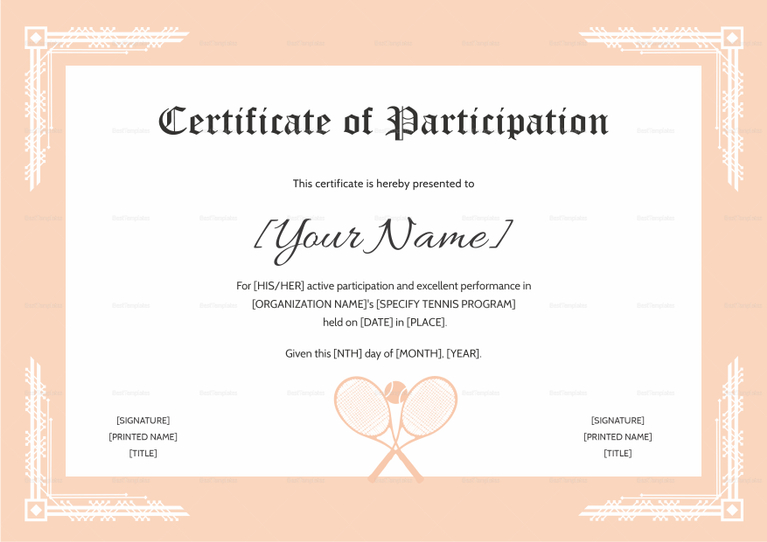 Tennis Participation Certificate Design Template in PSD, Word