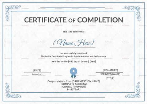 Sports Nutrition Training Completion Certificate Design Template in PSD ...