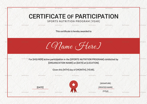 Sports Nutrition Participation Certificate Design Template in PSD, Word