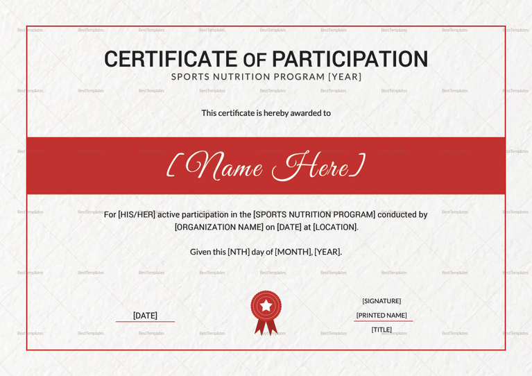 Sports Nutrition Participation Certificate Design Template in PSD, Word
