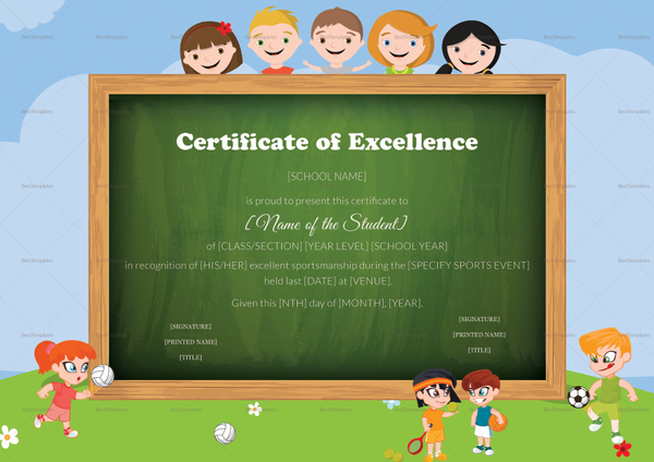 Sports Kids Excellence Certificate Design Template in PSD, Word