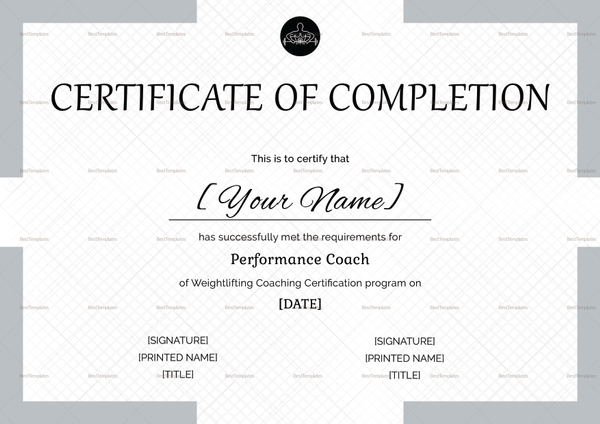 Weightlifting Completion Certificate Design Template in PSD, Word