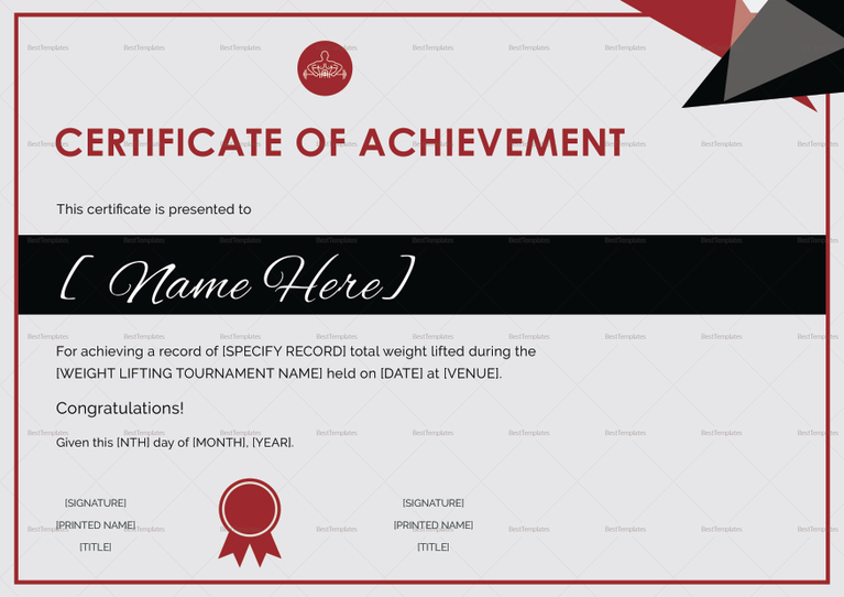 Weightlifting Award Achievement Certificate Design Template in PSD, Word