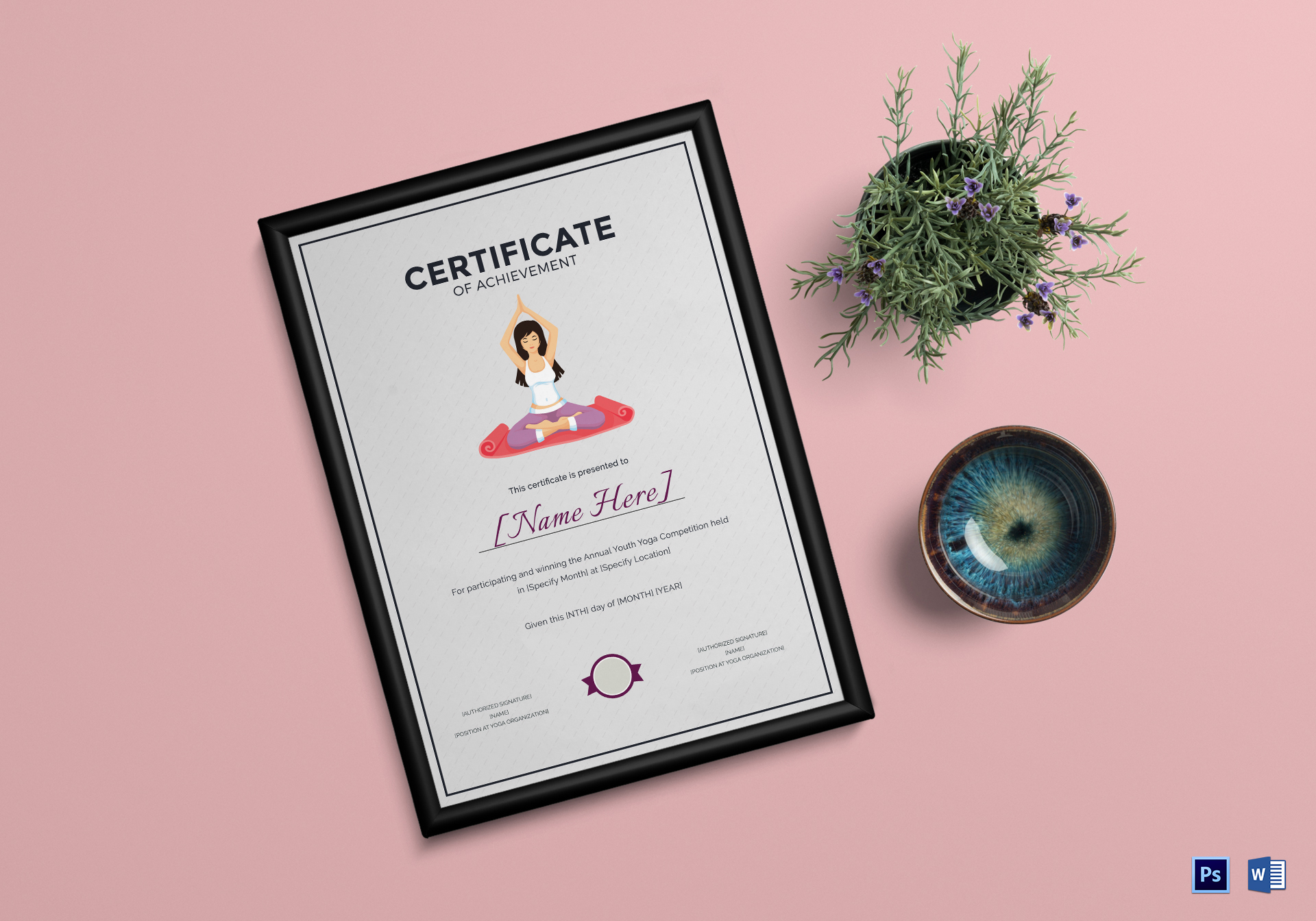 Yoga Achievement Certificate Design Template in PSD, Word