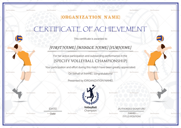 Girls Volleyball Certificate Design Template in PSD, Word