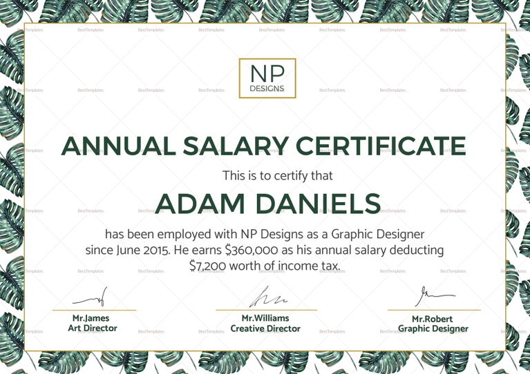 Annual Salary Certificate Design Template in PSD, Word, Illustrator ...