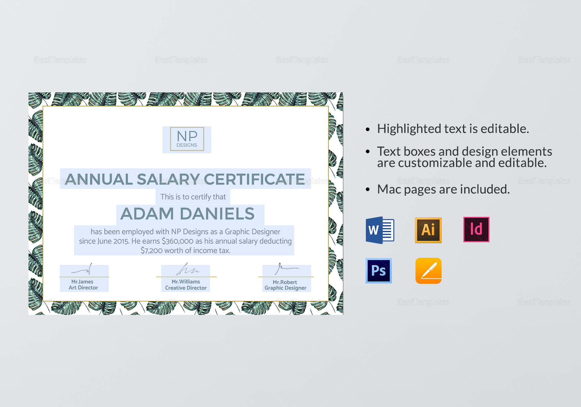 Annual Salary Certificate Design Template in PSD, Word, Illustrator ...