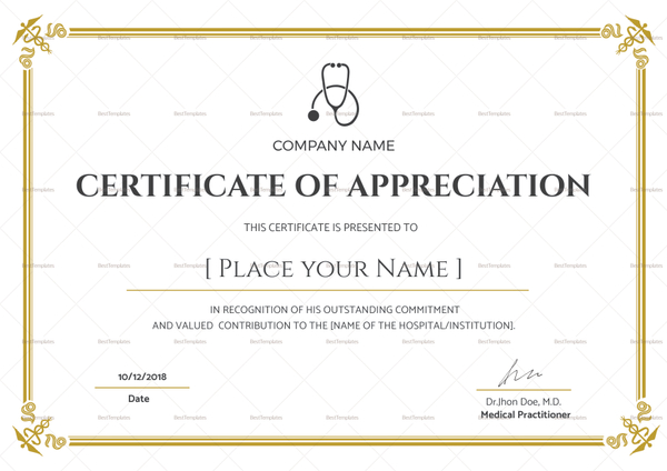 Blank Medical Appreciation Certificate Design Template in PSD, Word ...