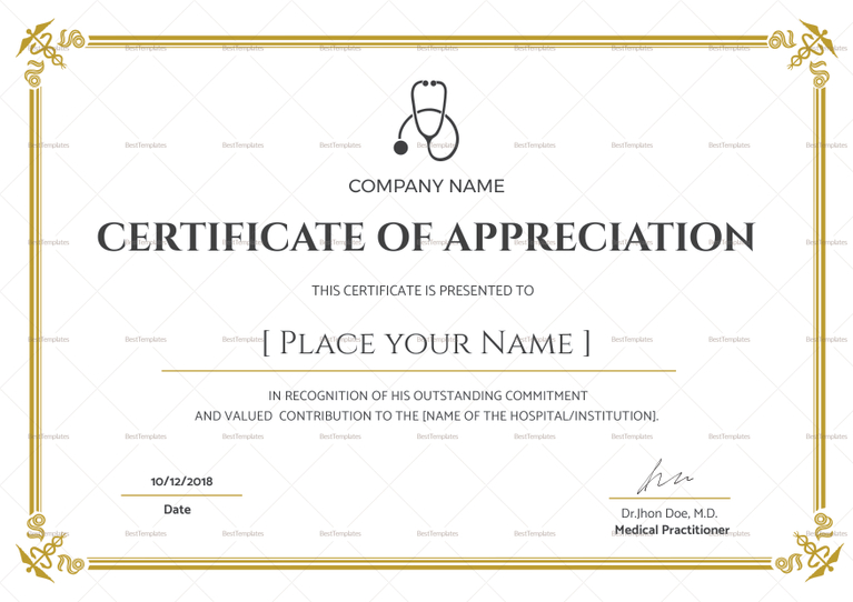 Blank Medical Appreciation Certificate Design Template in PSD Word