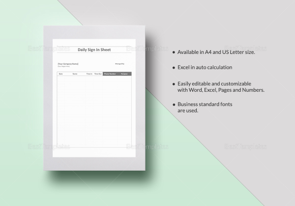 Daily Sign in Sheet Template in Word, Excel, Apple Pages, Numbers