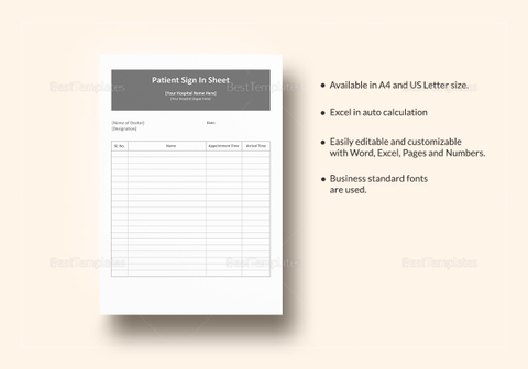 Patient Sign in Sheet Template in Word, Excel, Apple Pages, Numbers