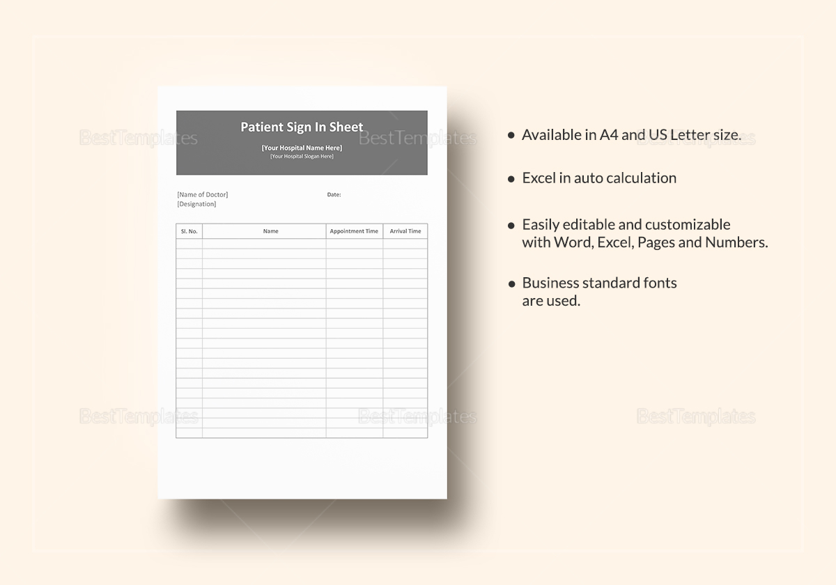 Patient Sign in Sheet Template in Word, Excel, Apple Pages, Numbers