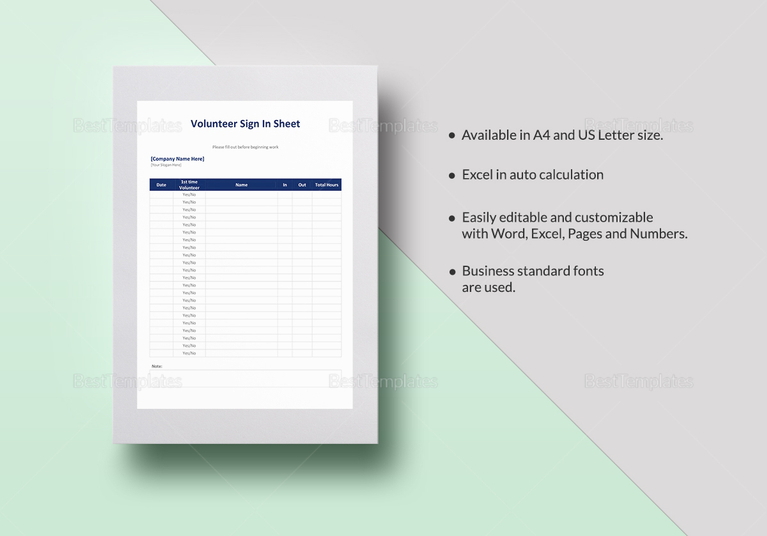 Volunteer Sign in Sheet Template in Word, Excel, Apple Pages, Numbers