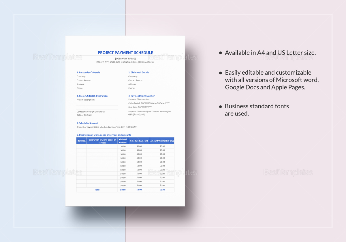 Project Payment Schedule Template In Word Excel Apple Pages Numbers