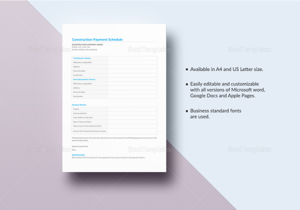 Construction Payment Schedule Template in Word, Excel, Apple Pages, Numbers