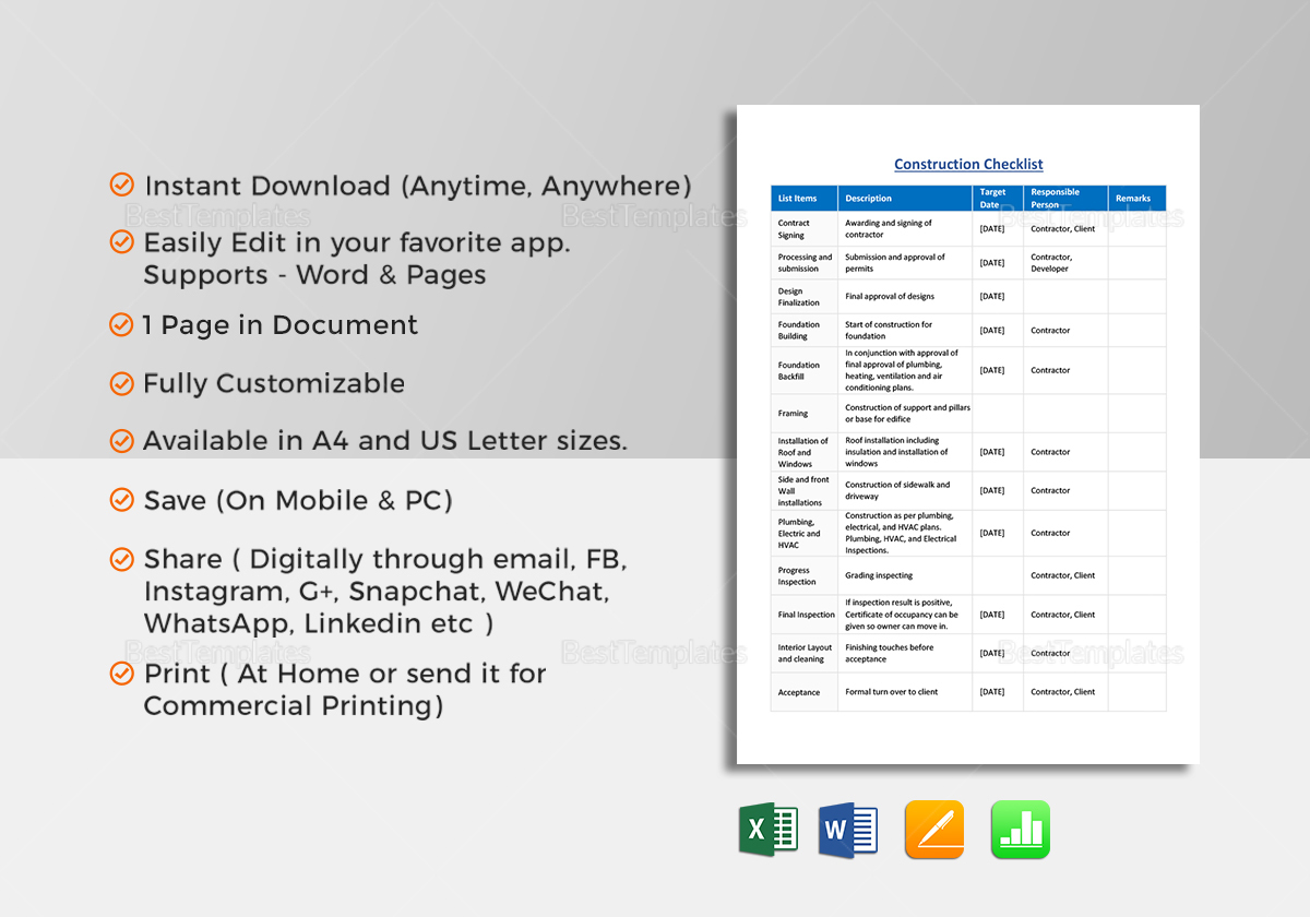 Construction Checklist Template