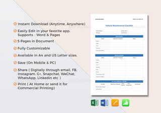 Vehicle Maintenance Checklist Template in Word, Excel, Apple Pages, Numbers