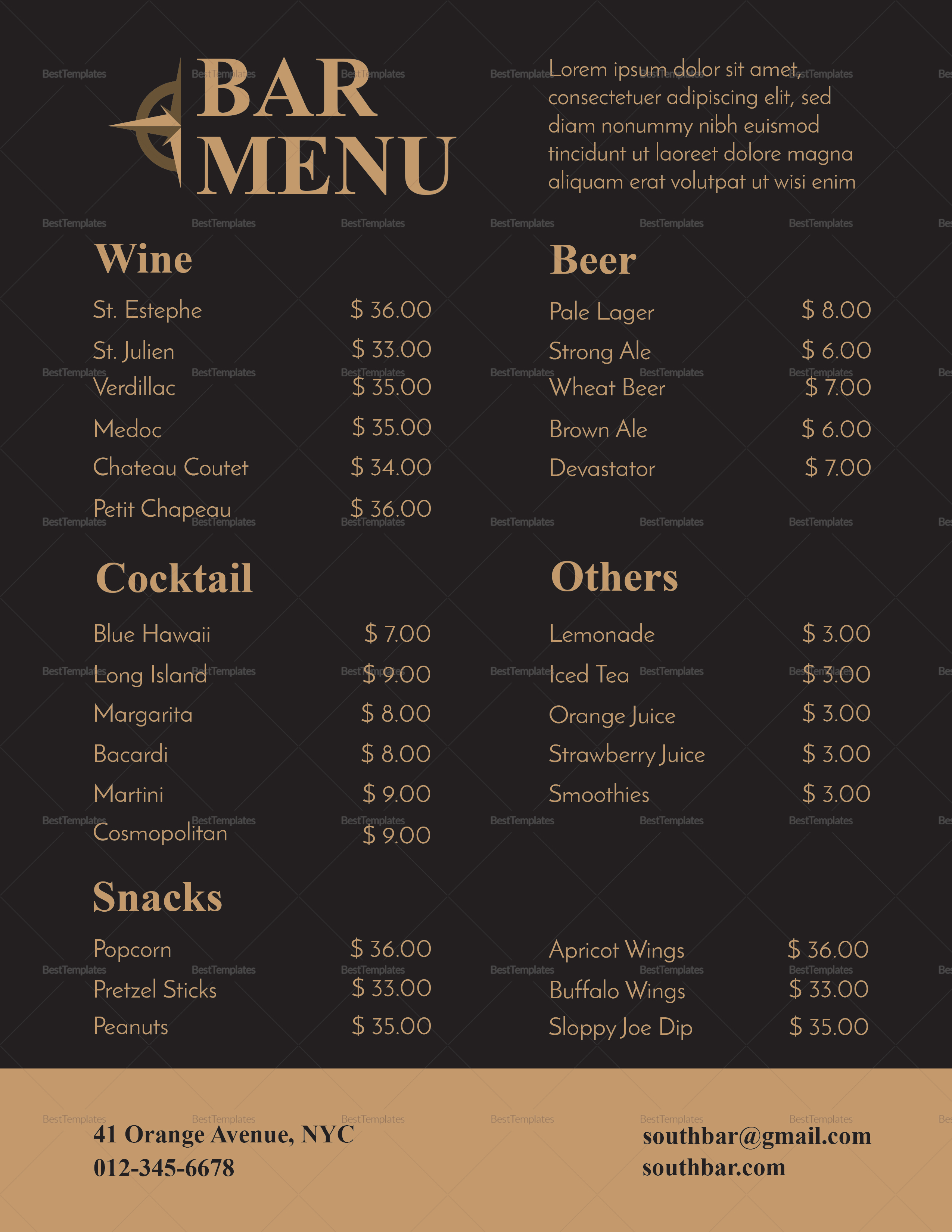 Gold and Black Bar Menu Design Template in PSD, Word, Publisher