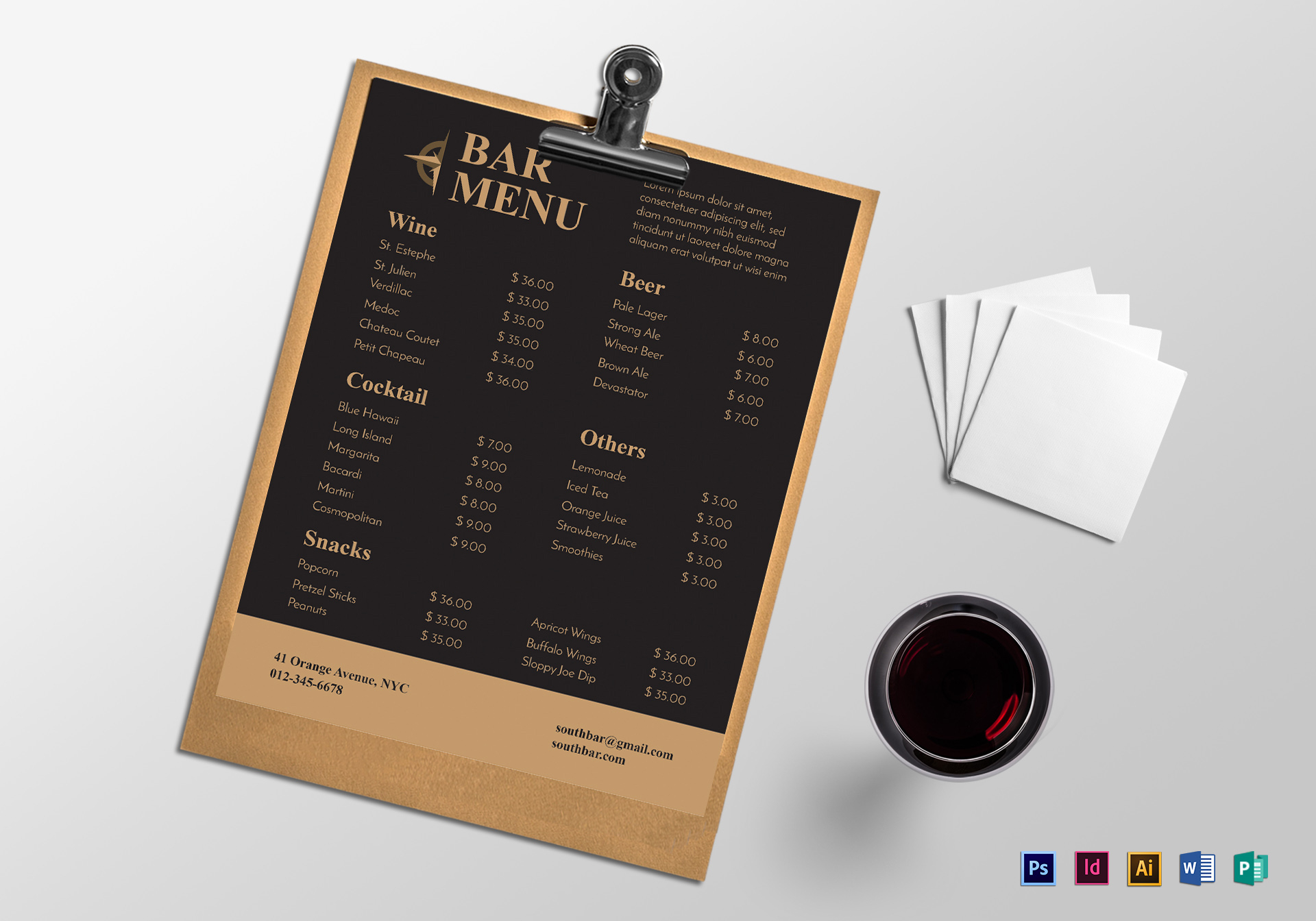 Gold and Black Bar Menu Design Template in PSD, Word, Publisher