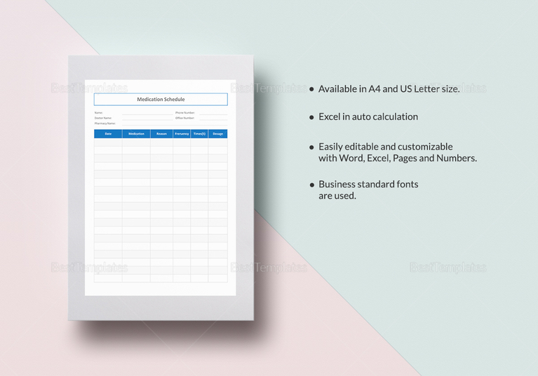 Medication Schedule Template in Word, Excel, Apple Pages, Numbers