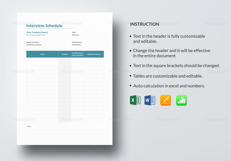 Interview Schedule Template in Word, Excel, Apple Pages, Numbers